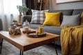 home grey modern yellow house sofa pillow style interior cushion decor. Generative AI.