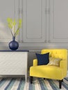 Yellow chair near the white chest of drawers