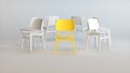 A Yellow Chair That Stands Out From the Seven White Chairs Arranged in a Circle Facing Out. Royalty Free Stock Photo