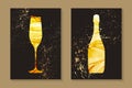 Yellow champagne glas and bottle in marble texture or alcohol ink style Royalty Free Stock Photo