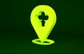 Yellow Chef hat with location icon isolated on green background. Cooking symbol. Cooks hat. Minimalism concept. 3d