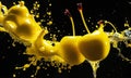 yellow cherry falling in abstract splash design