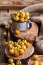 Yellow cherry in a rustic style on a wooden background. Berries of ripe fresh cherries in a cup. Royalty Free Stock Photo