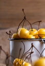 Yellow cherry in a rustic style on a wooden background. Berries of ripe fresh cherries in a cup. Royalty Free Stock Photo