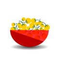 Yellow cherry tomatoes in a red transparent bowl.