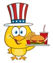 Yellow Chick Cartoon Character With USA Patriotic Hat Holding A Fast Food Tray Royalty Free Stock Photo