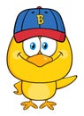 Yellow Chick Cartoon Character Wearing A Baseball Cap And Waving