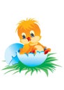 Yellow chick just hatched from an egg and sits in half shell on green grass, vector illustration Royalty Free Stock Photo