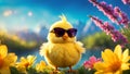 A yellow chick in sunglasses on a backdrop of a beautifu nature, mountains, blue sky, flowers, Genertive AI