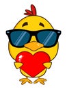 Yellow Chick With Sunglasses Cartoon Character Holding A Valentine Love Heart