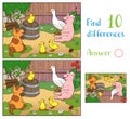 A yellow chicken cheers puppy, pig and ducks with mother duck. Find 10 differences