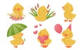 Yellow Chicken Sitting in Reeds and Walking with Umbrella Vector Set