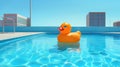 Yellow child's toy rubber ducky toy floating in a large clear blue swimming pool - generative AI Royalty Free Stock Photo