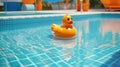 Yellow child's toy rubber ducky toy floating in a large clear blue swimming pool - generative AI