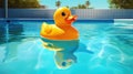 Yellow child's toy rubber ducky toy floating in a large clear blue swimming pool - generative AI