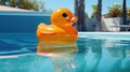Yellow child's toy rubber ducky toy floating in a large clear blue swimming pool - generative AI