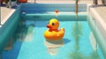 Yellow child's toy rubber ducky toy floating in a large clear blue swimming pool - generative AI Royalty Free Stock Photo