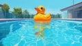 Yellow child's toy rubber ducky toy floating in a large clear blue swimming pool - generative AI