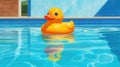 Yellow child's toy rubber ducky toy floating in a large clear blue swimming pool - generative AI