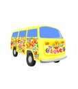 Yellow childish mini van toy isolated on white background. Hippie style