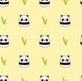 Yellow childish pattern with panda. Squishmallow. Seamless background with panda. Kawaii, vector