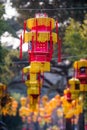 Yellow chinese lantern with messages wishing good luck, health, peace and prosperity