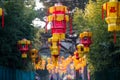 Yellow chinese lantern with messages wishing good luck, health, peace and prosperity