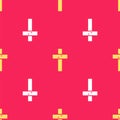 Yellow Christian cross icon isolated seamless pattern on red background. Church cross. Vector Royalty Free Stock Photo