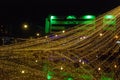 Yellow Christmas lights, lake reflected Royalty Free Stock Photo