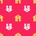 Yellow Church building icon isolated seamless pattern on red background. Christian Church. Religion of church. Vector Royalty Free Stock Photo