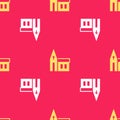 Yellow Church building icon isolated seamless pattern on red background. Christian Church. Religion of church. Vector Royalty Free Stock Photo