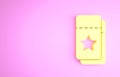 Yellow Cinema ticket icon isolated on pink background. Minimalism concept. 3d illustration 3D render