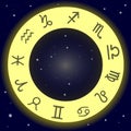 Yellow circle of constellations of the zodiac on cosmos background Royalty Free Stock Photo