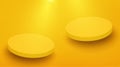 Yellow circle platform decorated with lighting on yellow background. Two blank pedestals for product display, advertising.