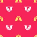 Yellow Circus tent icon isolated seamless pattern on red background. Carnival camping tent. Amusement park. Vector