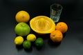 yellow citrus juicer with oranges, grapefruit, limes, lemons and empty glass Royalty Free Stock Photo