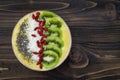 Yellow citrus superfood smoothie bowl with kiwi, chia seeds, coconut, goji berry toppings. Overhead, top view, flat lay.