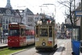 Yellow classic street car 77 named `Ombouwer` on the Vijverberg in The Hague Royalty Free Stock Photo