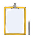 Yellow Clipboard with blank paper and a pencil hand drawn vector
