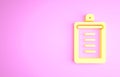 Yellow Clipboard with checklist icon isolated on pink background. Control list symbol. Survey poll or questionnaire