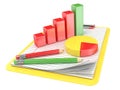 Yellow clipboard, paper, pencils and charts. 3D Royalty Free Stock Photo