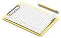 Yellow clipboard, pencil and blank lined paper 3D