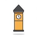 Yellow clock tower illustration with a triangular dark gray roof and circular white clock Royalty Free Stock Photo