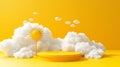 Yellow cloud podium 3d product display on white sky scene, pastel stand in dreamy studio.