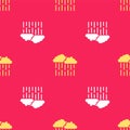 Yellow Cloud with rain icon isolated seamless pattern on red background. Rain cloud precipitation with rain drops Royalty Free Stock Photo