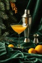 Yellow cocktail in martini glass with lemons and bar tools on dark green satin fabric Royalty Free Stock Photo