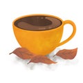 Yellow coffee with autumn leaves illustration for cafe and relaxing.