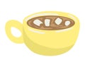 Yellow coffee cup with a creamy foam art on top. Aromatic morning beverage with a heart design. Cozy cafe and breakfast