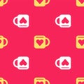 Yellow Coffee cup and heart icon isolated seamless pattern on red background. Couple coffee for lovers on Valentines Day Royalty Free Stock Photo