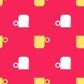 Yellow Coffee cup icon isolated seamless pattern on red background. Tea cup. Hot drink coffee. Vector Royalty Free Stock Photo